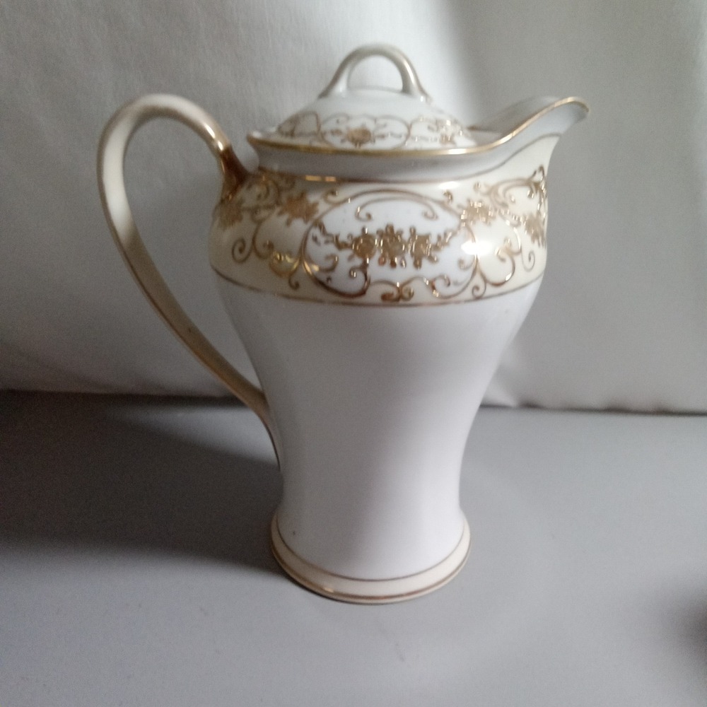 Vintage Porcelain Chocolate Pot White Gold Filigree Floral Pitcher with Lid 7.5"